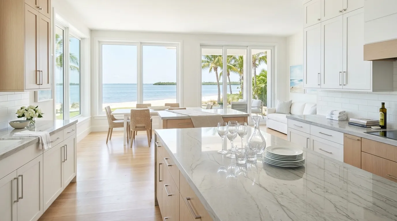 A bright, immaculate coastal kitchen with a marble island and Gulf view