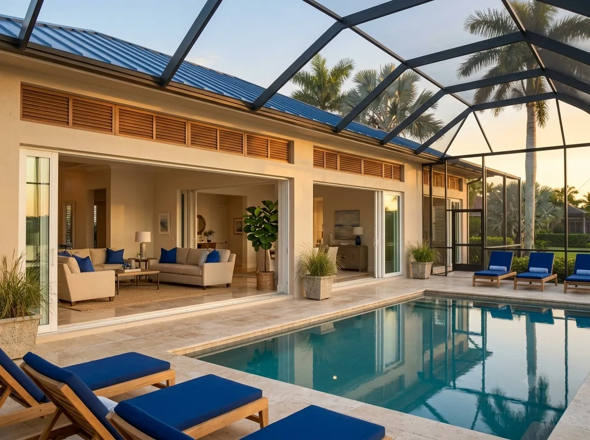 A screened lanai and pool at an upscale Southwest Florida home at dusk